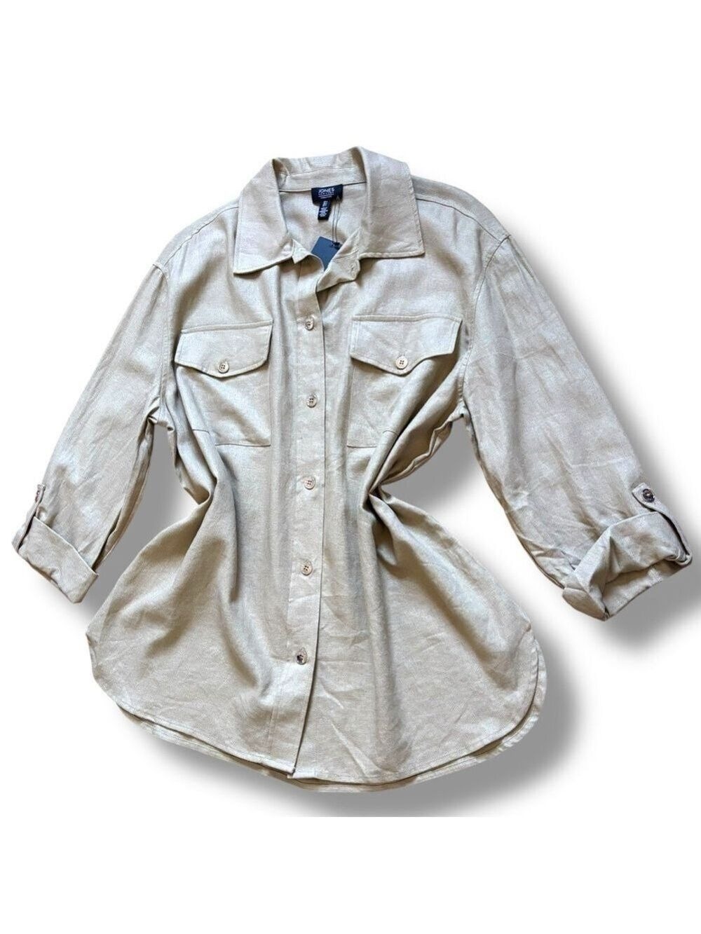 Jones New York Tan Beige Gold Linen Viscose Button Up Tunic - Large
